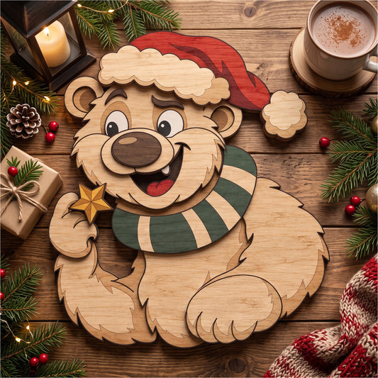 Christmas Polar Bear Multilayer SVG, Layered Laser Cut File, Wooden Santa Bear Wall Decor, Holiday Wood Art, Digital Download