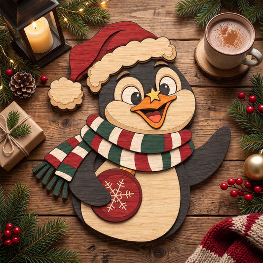 Christmas Penguin Layered Laser Cut File, Wooden Holiday Wall Decor, Cute Penguin Christmas Sign, Digital Download