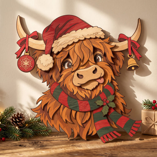 Highland Cow Christmas Laser Cut File, Layered Wooden Holiday Wall Decor, Scottish Cattle Christmas Sign, Digital Download