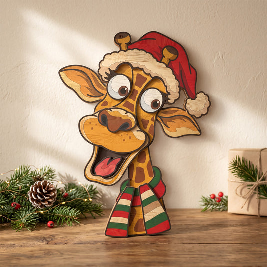 Christmas giraffe layered laser cut file, Santa giraffe wood decor, funny holiday animal wall art, 3mm plywood project, digital download