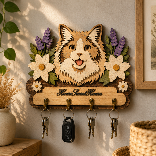 Multilayer Cute Cat Key Holder Home Sweet Home Sign Floral Universal Vector Design for All Laser Cutters xTool Glowforge CNC