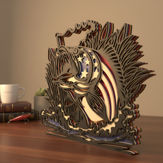 Patriotic Bass Fish SVG | Layered American Flag Bass Laser Cut File | Fishing Decor SVG | USA Angler Wall Art for Glowforge, xTool & CNC