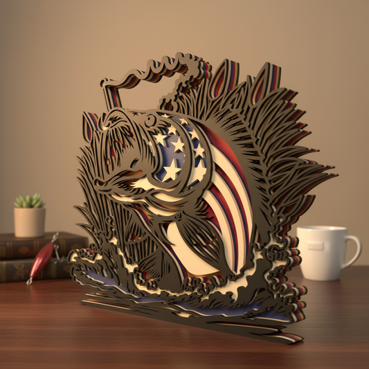 Patriotic Bass Fish SVG | Layered American Flag Bass Laser Cut File | Fishing Decor SVG | USA Angler Wall Art for Glowforge, xTool & CNC
