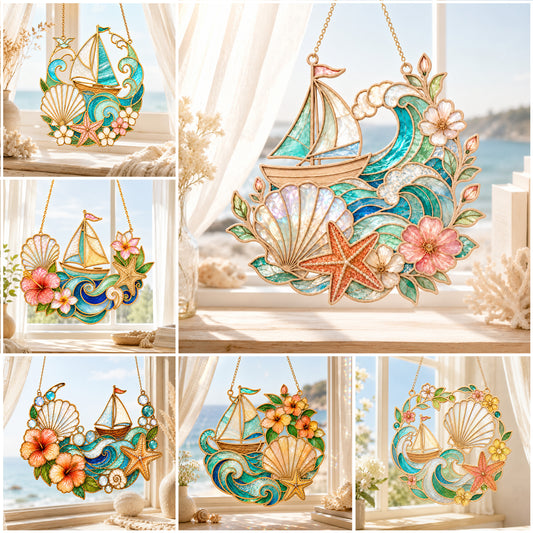 Coastal Floral Sailboat Stained Glass SVG Bundle | Beach Ocean Suncatcher Collection Laser Cut Files | Seashell, Starfish & Tropical Flower Window Hanging SVG