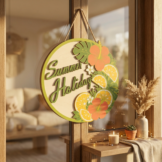 Summer Holiday Door Sign SVG | Tropical Citrus Welcome Sign Laser Cut File | Layered Summer Wreath SVG | Hibiscus Lemon Door Hanger | Glowforge xTool CNC SVG