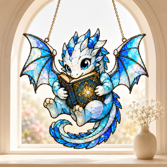 Blue Baby Dragon Book Suncatcher SVG | Stained Glass Fantasy Dragon Reading Decor | Hanging Window Laser Cut File | Layered Dragon Digital Download