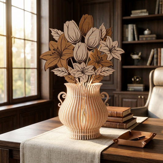Floral Vase Lantern SVG | Tulip & Lily Wooden Lamp Laser Cut File | Layered Flower Vase Decor for Glowforge, xTool & CNC