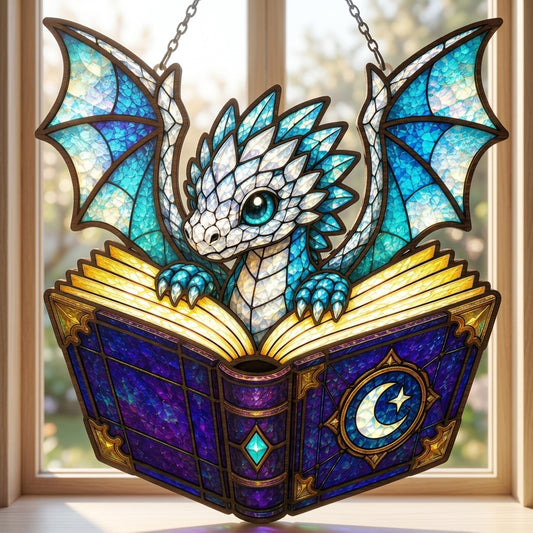 Cute Baby Dragon Reading Magic Book Stained Glass Suncatcher SVG | Fantasy Dragon Window Hanging Laser Cut File | Layered Book Dragon Decor