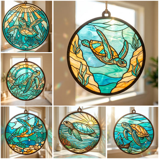 Sea Turtle Suncatcher SVG | Stained Glass Turtle Laser Cut File | Ocean Turtle Window Hanging SVG | Layered Marine Suncatcher for Glowforge, xTool & CNC