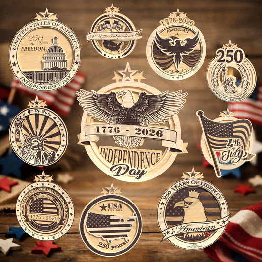 America 250 Independence Day Ornament SVG Bundle | Patriotic Eagle & Liberty Laser Cut Files | USA 1776-2026 Wooden Ornament Designs