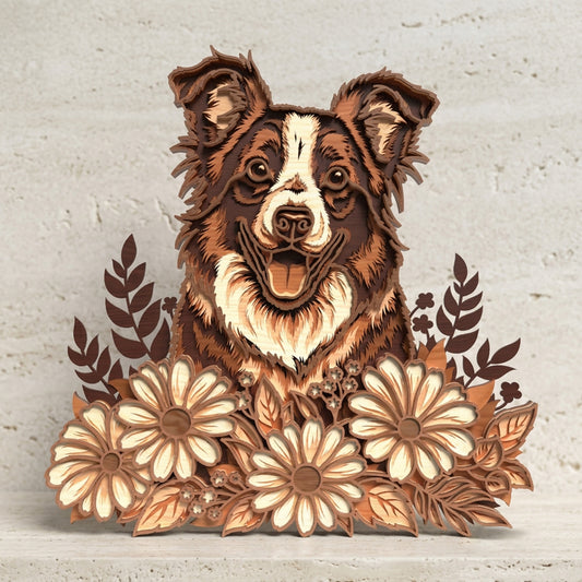 Border Collie Floral SVG | Layered Dog and Daisy Laser Cut File | Wooden Pet Memorial & Farmhouse Decor SVG for Glowforge, xTool & CNC