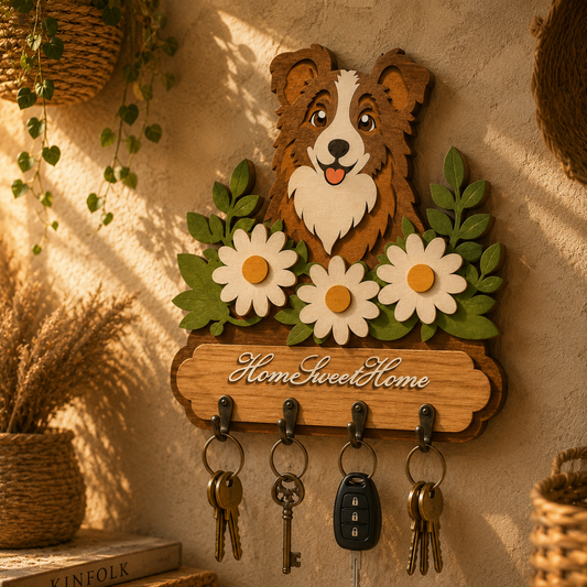 Border Collie Key Holder SVG | Dog Key Rack Laser Cut File | Home Sweet Home Wall Key Organizer SVG | Layered Wooden Dog Decor | Glowforge xTool CNC SVG