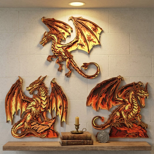 Fire Dragon Wall Art SVG Bundle | Layered Fantasy Dragon Laser Cut Files | Dragon Decor for Glowforge, xTool & CNC