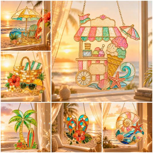 Summer Beach Suncatcher SVG Bundle | Tropical Stained Glass Window Hanging SVG | Coastal Summer Decor Laser Cut Files | Beach Vacation Suncatcher SVG Pack | Glowforge xTool CNC SVG