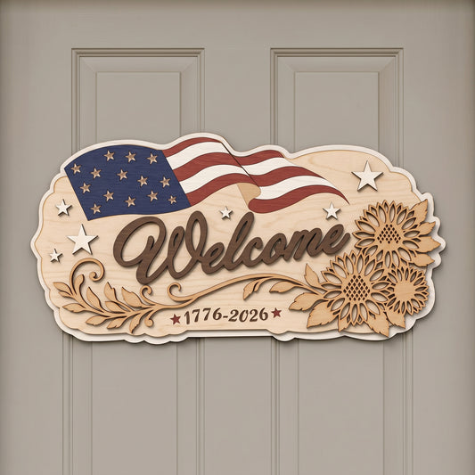 Patriotic Sunflower Welcome Sign Laser Cut File | USA Flag Layered Door Hanger SVG | Independence Day Wooden Wall Decor | 1776–2026 CNC Design
