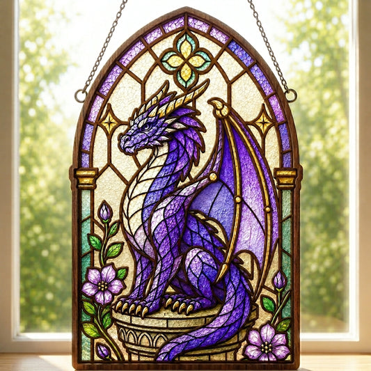 Purple Dragon Stained Glass SVG | Fantasy Dragon Suncatcher Laser Cut File | Gothic Window Dragon Decor | Layered Dragon Digital Download