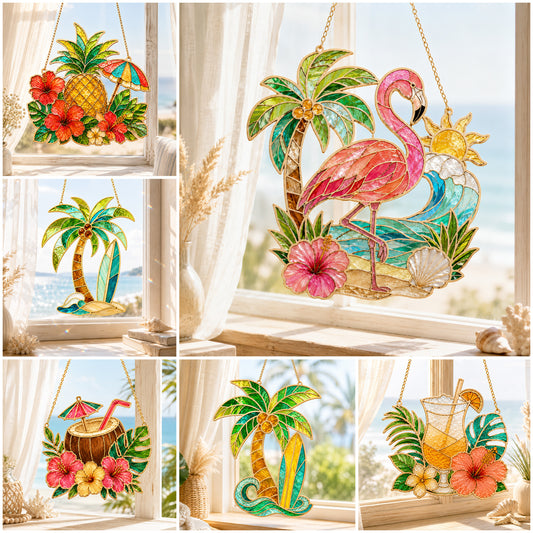 Tropical Beach Stained Glass SVG Bundle | Flamingo, Palm Tree, Pineapple, Coconut Drink & Summer Cocktail Suncatcher Laser Cut Files | Coastal Window Hanging SVG