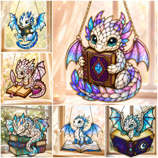 Fantasy Baby Dragon Reading Stained Glass Suncatcher Bundle SVG | Cute Book Dragon Window Hanging Laser Cut Files | Layered Dragon Collection