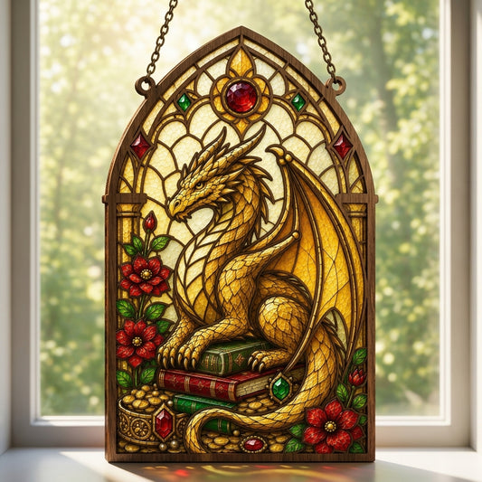 Golden Dragon Stained Glass SVG | Fantasy Dragon Suncatcher Laser File | Gothic Window Dragon Decor | Layered Dragon Art Digital Download