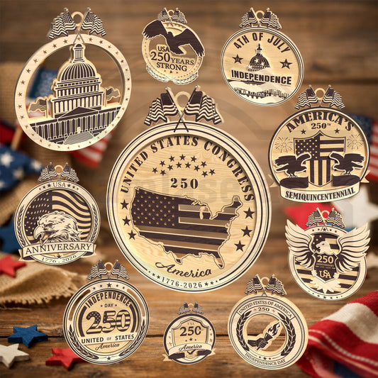 America 250 Ornament SVG Bundle | Patriotic USA Anniversary Laser Cut Files | Independence Day 1776-2026 Wooden Ornament Collection