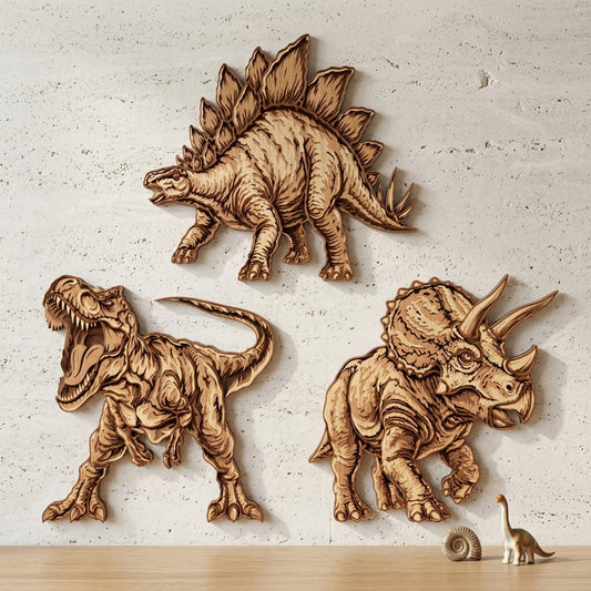 Dinosaur Bundle SVG | Layered T-Rex, Triceratops & Stegosaurus Laser Cut Files | Prehistoric Wall Art for Glowforge, xTool & CNC