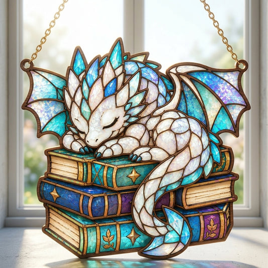 Cute Sleeping Dragon on Book Stack Stained Glass Suncatcher SVG | Fantasy Baby Dragon Window Hanging Laser Cut File | Layered Dragon Book Lover Decor