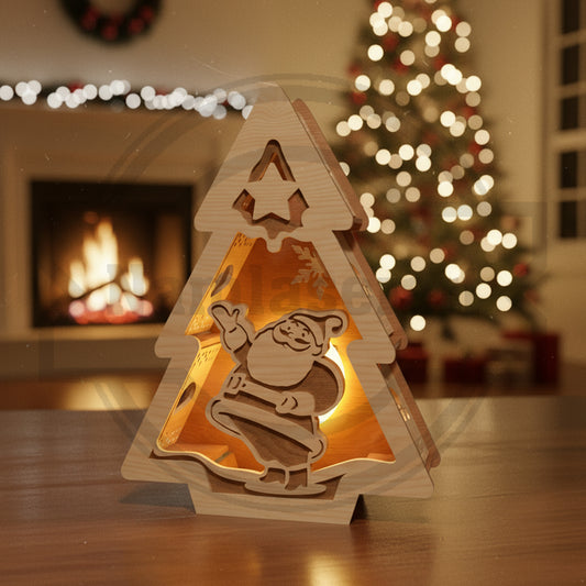 Christmas Tree Tea Light Holder SVG | Santa Claus Wooden Lantern Laser Cut File | Christmas Tree Candle Holder Glowforge SVG