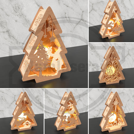 Christmas Tree Lantern SVG | Layered Christmas Tree Shadow Box SVG | Holiday Lighted Laser Cut File for Glowforge & xTool