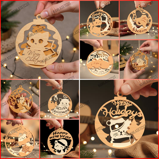 Christmas & New Year Ornament SVG Bundle | Cute Holiday Cat Wooden Ornament Laser Cut Files | Merry Christmas, Happy Holiday & New Year Decor for Glowforge & xTool