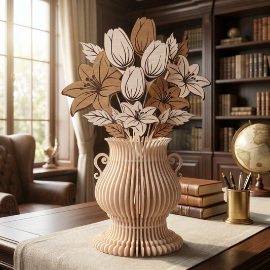 Floral Vase SVG | Tulip & Lily Wooden Vase Laser Cut File | Layered Flower Bouquet Decor for Glowforge, xTool & CNC