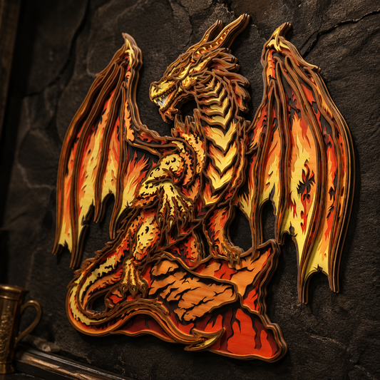 Fire Dragon Layered SVG | Flaming Dragon Wall Art Laser Cut File | Fantasy Dragon Decor | Glowforge SVG | Medieval Dragon Digital Download