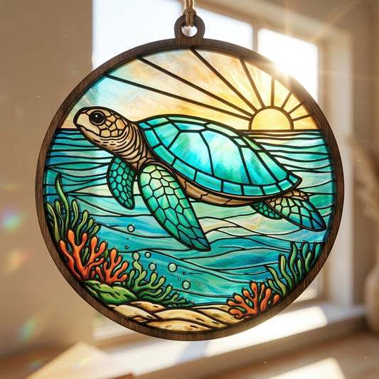 Sea Turtle Suncatcher SVG | Stained Glass Turtle Laser Cut File | Ocean Turtle Window Hanging SVG | Layered Marine Suncatcher for Glowforge, xTool & CNC
