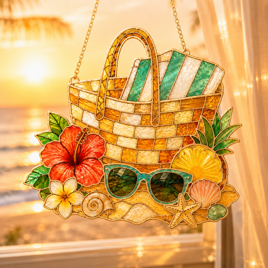 Summer Beach Suncatcher SVG Bundle | Tropical Stained Glass Window Hanging SVG | Coastal Summer Decor Laser Cut Files | Beach Vacation Suncatcher SVG Pack | Glowforge xTool CNC SVG
