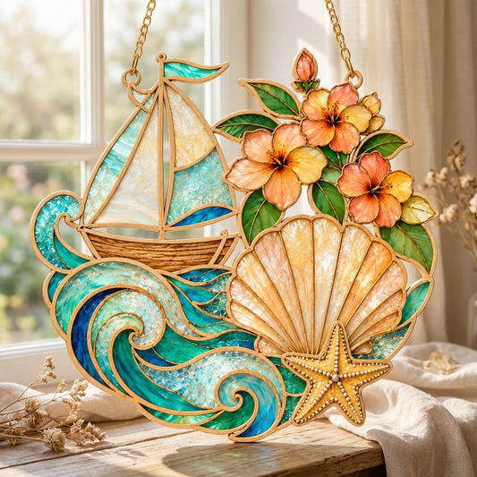 Coastal Floral Sailboat Stained Glass SVG Bundle | Beach Ocean Suncatcher Collection Laser Cut Files | Seashell, Starfish & Tropical Flower Window Hanging SVG