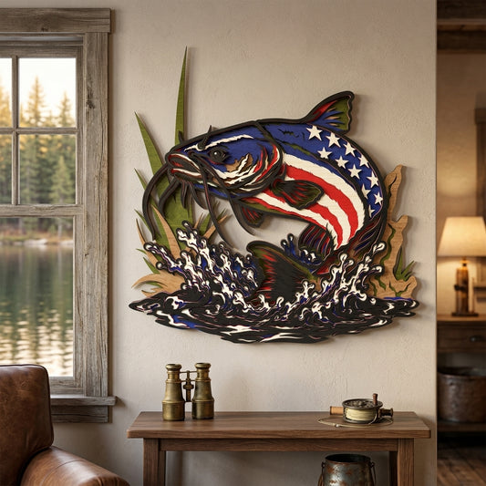 Patriotic Catfish Laser Cut File SVG | American Flag Catfish Wall Art | Fishing Layered Wood Decor for Glowforge & LightBurn