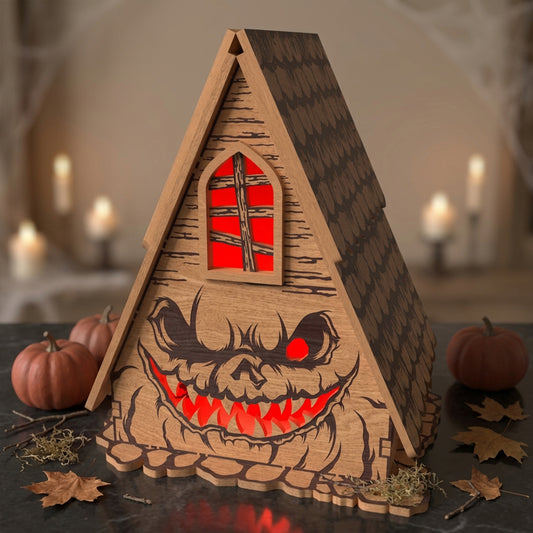 3D Halloween Haunted Cabin Light Box Spooky Monster Face House Universal Vector Design for All Laser Cutters xTool Glowforge CNC