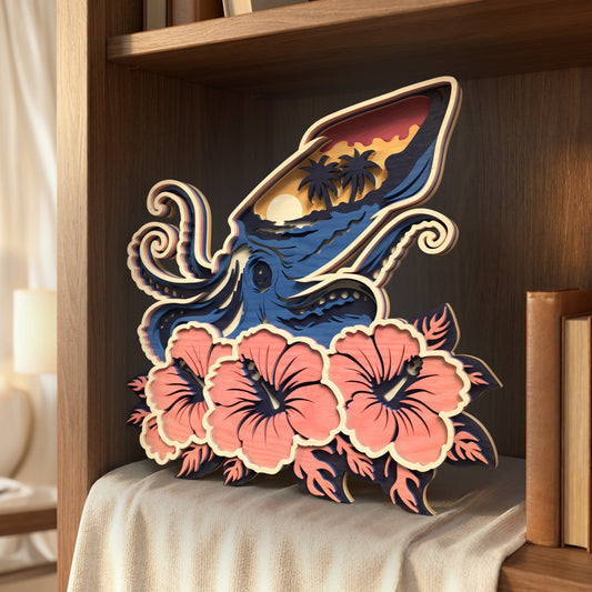 Layered Squid SVG | Tropical Ocean Squid Laser Cut SVG | 3D Sea Life Wooden Decor | Hibiscus Coastal Shelf Art SVG | Glowforge xTool CNC SVG File