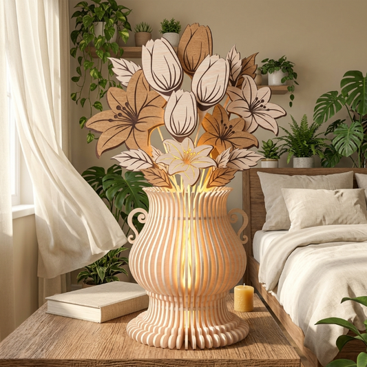 Floral Vase SVG | Tulip & Lily Wooden Vase Laser Cut File | Layered Flower Bouquet Decor for Glowforge, xTool & CNC
