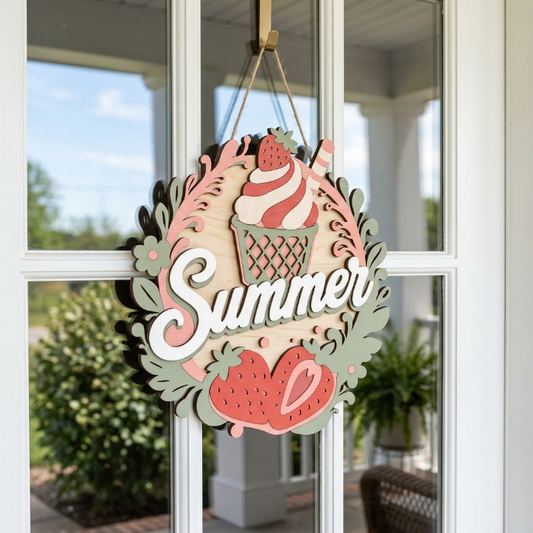 Strawberry Ice Cream Summer Sign SVG | Layered Summer Door Hanger Laser Cut File | Sweet Berry Welcome Decor for Glowforge, xTool & CNC