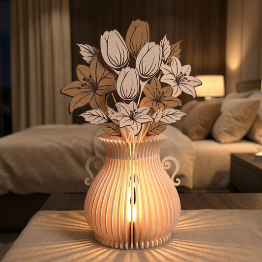 Floral Vase Lantern SVG | Tulip & Lily Wooden Lamp Laser Cut File | Layered Flower Vase Decor for Glowforge, xTool & CNC