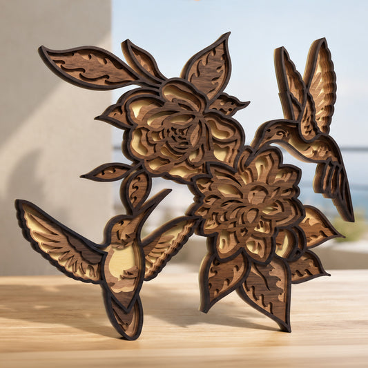 Multilayer Hummingbird Rose Floral Laser Cut 3D Bird Garden Vector Design for All Laser Cutters xTool Glowforge CNC Table Decor