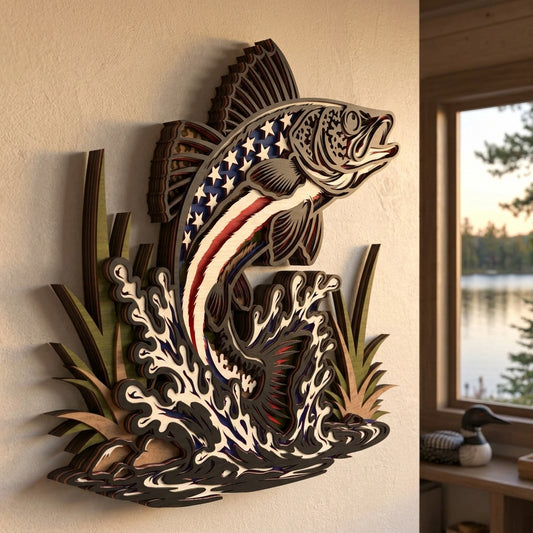 Patriotic Walleye Fish Laser Cut File SVG | American Flag Walleye Wall Art | Layered Fishing Decor for Glowforge & LightBurn