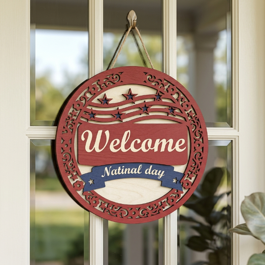 Patriotic Welcome Door Sign SVG | National Day Round Door Hanger Laser Cut File | Layered USA Welcome Decor for Glowforge, xTool & CNC