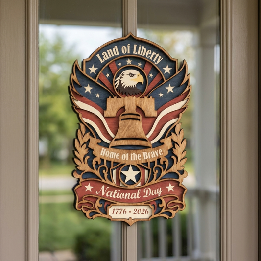 Land of Liberty Eagle SVG | USA Patriotic Layered Laser Cut File | Home of the Brave Door Hanger | American Independence Wood Sign 1776–2026