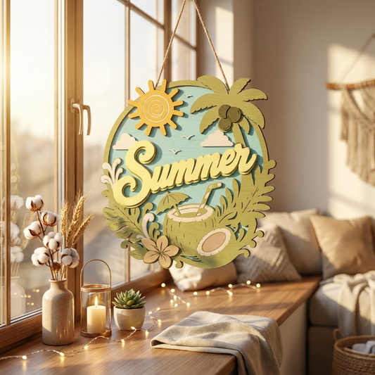 Tropical Summer Welcome Sign SVG | Layered Coconut Beach Door Hanger Laser Cut File | Island Paradise Decor for Glowforge, xTool & CNC (Copy)