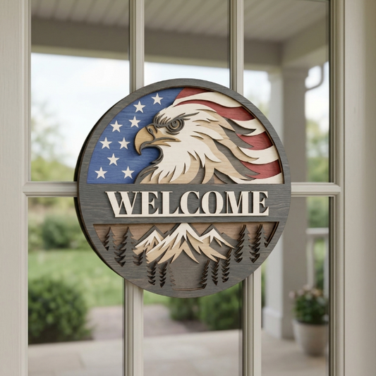 Patriotic Eagle Welcome Sign SVG | Layered Round Door Hanger Laser Cut File | American Flag Wood Decor DXF