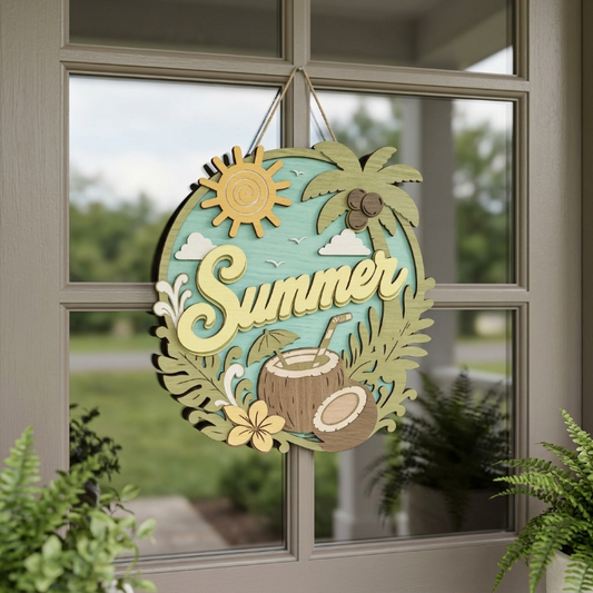 Tropical Summer Welcome Sign SVG | Layered Coconut Beach Door Hanger Laser Cut File | Island Paradise Decor for Glowforge, xTool & CNC (Copy)