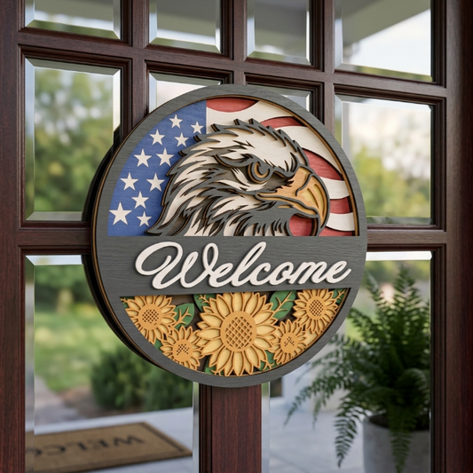 Patriotic Eagle Welcome Sign SVG DXF | Round Sunflower Door Hanger | American Flag Laser Cut File | Glowforge Digital Download