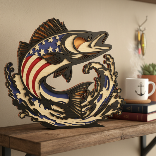 Patriotic Bass Fish SVG | Layered American Flag Bass Laser Cut File | Fishing Decor SVG | USA Angler Wall Art for Glowforge, xTool & CNC