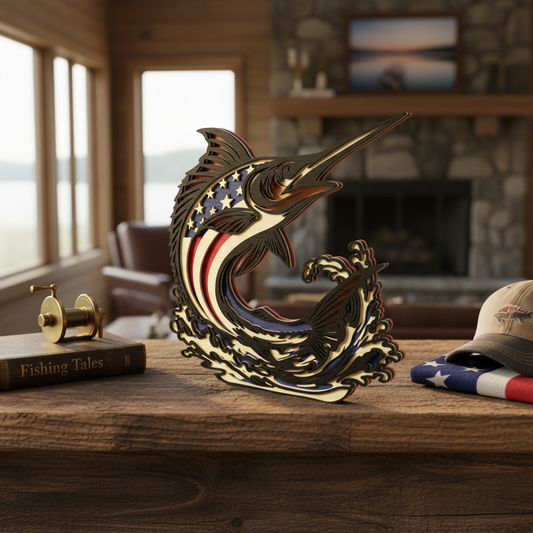 Patriotic Fishing Fish SVG Bundle | Layered American Flag Fish Laser Cut Files | Bass Catfish Marlin Fishing Decor SVG | 3D Wood Art for Glowforge, xTool & CNC